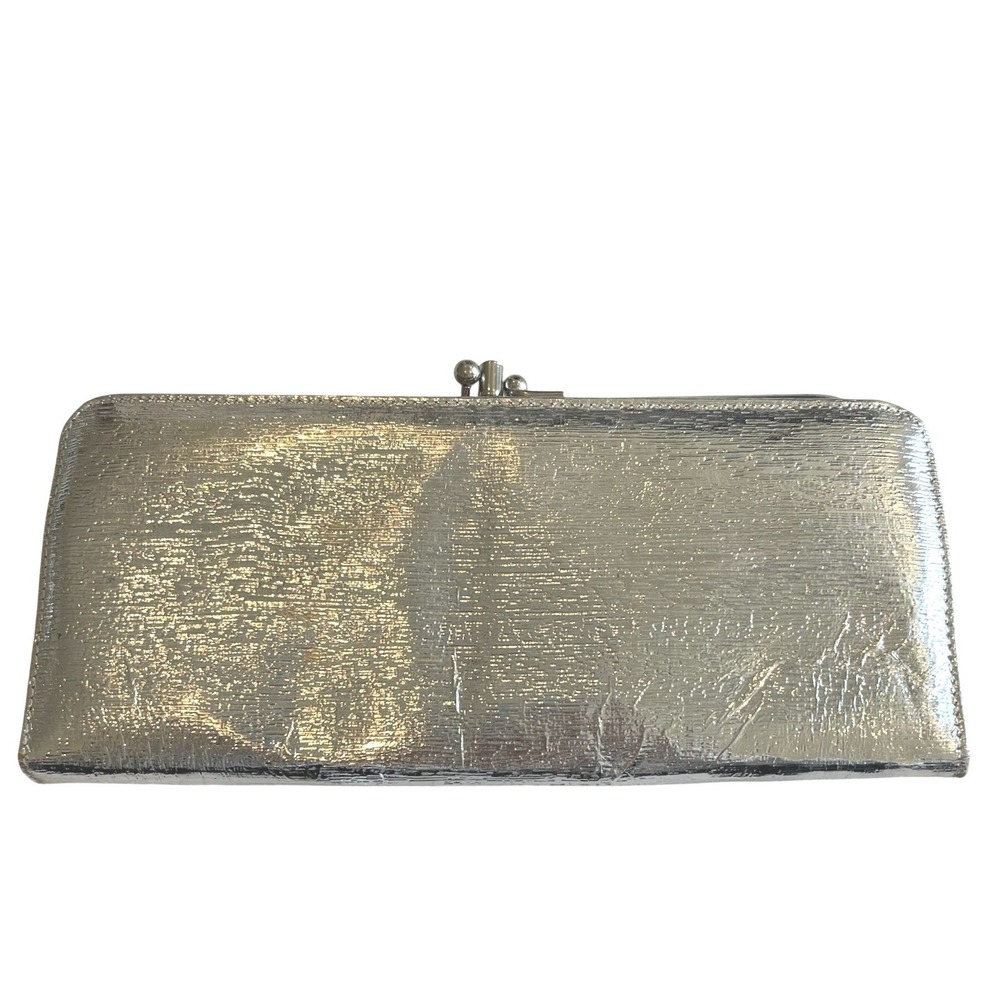Vintage Baronet Silver Metallic Kiss Lock Clutch Wallet Tri Fold Textured Retro